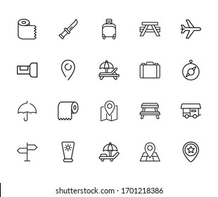 Stroke line icons set of tourism. Simple symbols for app development and website design. Vector outline pictograms isolated on a white background. Pack of stroke icons. 