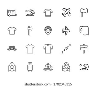 Stroke line icons set of tourism. Simple symbols for app development and website design. Vector outline pictograms isolated on a white background. Pack of stroke icons. 