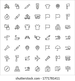 Stroke line icons set of tourism. Simple symbols for app development and website design. Vector outline pictograms isolated on a white background. Pack of stroke icons. 