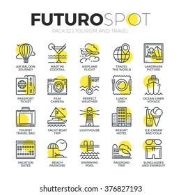 Stroke line icons set of tourism recreation, travel trip to resort hotel. Modern flat linear pictogram concept. Premium quality outline symbol collection. Simple vector material design of web graphics