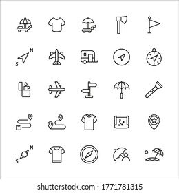 Stroke line icons set of travel. Simple symbols for app development and website design. Vector outline pictograms isolated on a white background. Pack of stroke icons. 
