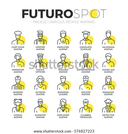 Stroke line icons set of various human avatars, people profession profile. Modern flat linear pictogram concept. Premium quality outline symbol collection. Simple vector material design, web graphics.