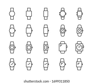 Stroke line icons set of watch. Simple symbols for app development and website design. Vector outline pictograms isolated on a white background. Pack of stroke icons. 