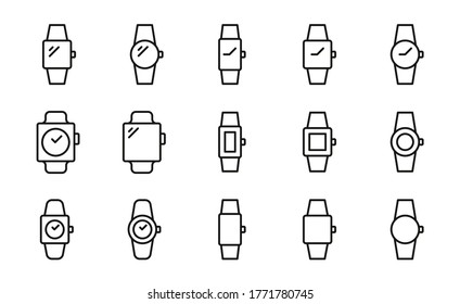 Stroke line icons set of watch. Simple symbols for app development and website design. Vector outline pictograms isolated on a white background. Pack of stroke icons.