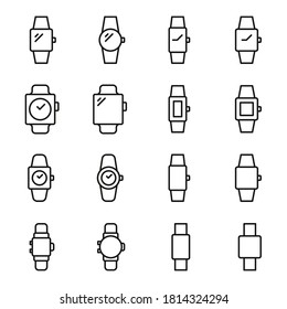 Iconos de línea de trazo conjunto de reloj. Símbolos simples para el desarrollo de aplicaciones y el diseño de sitios web. Pictogramas de contorno vectorial aislados en un fondo blanco. Paquete de iconos de trazo.