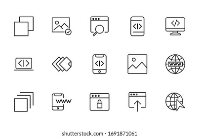 Stroke line icons set of web design. Simple symbols for app development and website design. Vector outline pictograms isolated on a white background. Pack of stroke icons. 