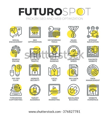 Stroke line icons set of website SEO process, of search engine optimization. Modern flat linear pictogram concept. Premium quality outline symbol collection. Simple vector material design, web graphic