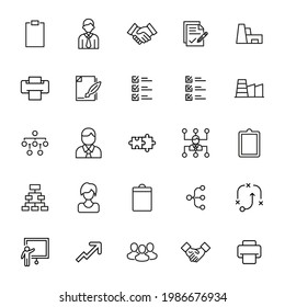 Stroke line icons set of work. Simple symbols for app development and website design. Vector outline pictograms isolated on a white background. Pack of stroke icons.