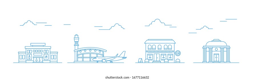 Stroke linear buildings in the city. Skyline, sidewalk. Airport, museum, cafe, shop.