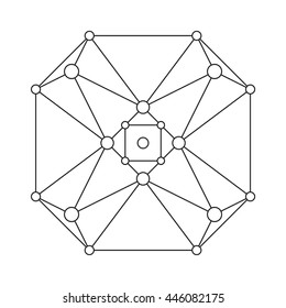 Stroke linear isolated geometric figure. Scientific grid. Chemical lattice structure. Compound model. Fundamental nuclear particle. Sacral symbol. Magic metaphysic emblem sign. Cosmic astral shape.