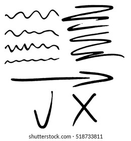 Stroke Marker Arrow Tick And Cross. Marker Line Brush Stroke, Marker Scribble And Pen Stroke, Vector Illustration