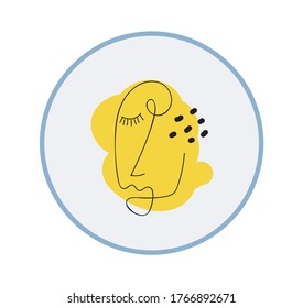 A stroke, one line illustration of a woman in circle shape as a minimal design on yellow brush effect background