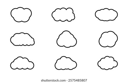 Stroke outline cloud icons set isolated on white background. Cloud services and weather Linear icon collection. Vector illustration.