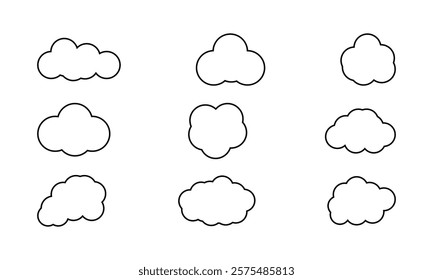 Stroke outline cloud icons set isolated on white background. Cloud services and weather Linear icon collection. Vector illustration.