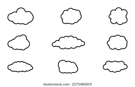 Stroke outline cloud icons set isolated on white background. Cloud services and weather Linear icon collection. Vector illustration.