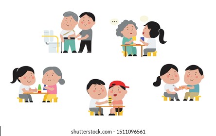 Stroke Patient Rehabilitation Activities Set, Cute Style Big Head Cartoon Character Design