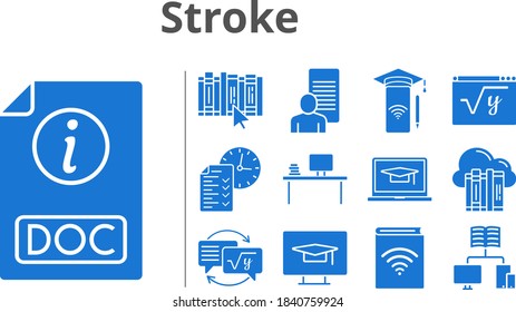 stroke set. included audiobook, study, smartphone, test, homework, maths, book, student-desktop, cloud, desktop, student-laptop, school, doc icons. filled styles.