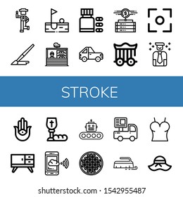 stroke simple icons set. Contains such icons as Country, Brush, Golf, Stand, Vitamins, Car, Data storage, Cage, Focus, Human, Semitic neopaganism, can be used for web, mobile and logo