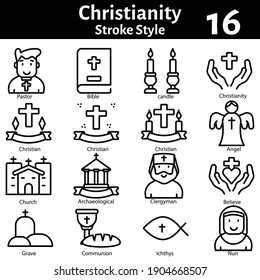 Stroke Style Christianity Icon Set On White Background.