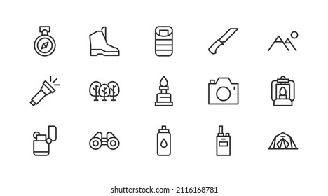Stroke vector adventure line icons. Pixel perfect signs isolated on a white background. Minimal adventure pictograms in trendy outline style.
