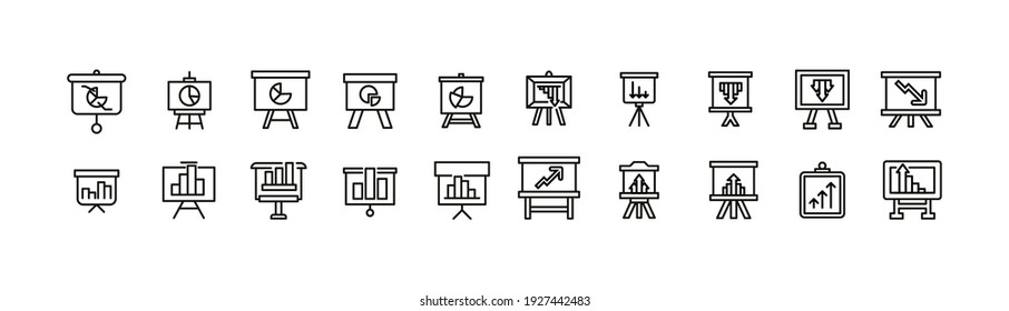 Stroke vector analytics board line icons. Pixel perfect signs isolated on a white background. Presentation pictograms in trendy outline style.