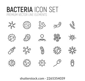 Stroke vector bacteria line icons. Pixel perfect signs isolated on a white background. Minimal bacteria pictograms in trendy outline style.