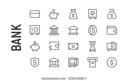 Iconos de línea de banco vectorial de trazo. Las señales perfectas de Pixel están aisladas en un fondo blanco. Pictogramas de banco mínimos con un estilo de contorno de moda.