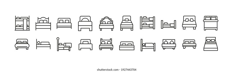 Stroke vector bed line icons. Pixel perfect signs isolated on a white background. Bed pictograms in trendy outline style.