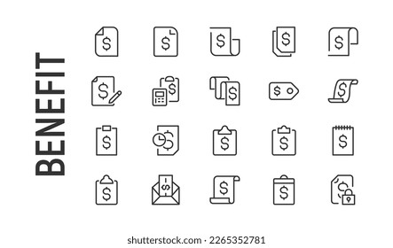 Stroke vector benefit line icons. Pixel perfect signs isolated on a white background. Minimal benefit pictograms in trendy outline style.