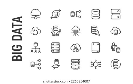 Stroke vector big data line icons. Pixel perfect signs isolated on a white background. Minimal big data pictograms in trendy outline style.