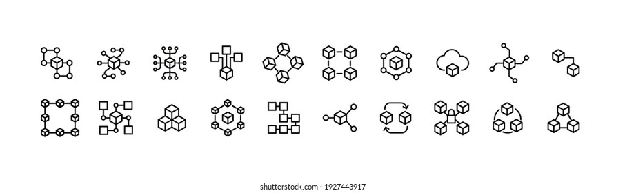 Stroke vector blockchain line icons. Pixel perfect signs isolated on a white background. Blockchain pictograms in trendy outline style.