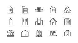Stroke Vector Building  Line Icons. Pixel Perfect Signs Isolated On A White Background. Minimal Building  Pictograms In Trendy Outline Style.