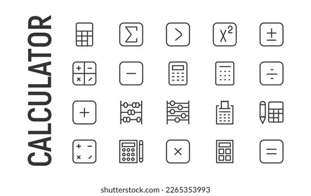 Stroke vector calculator line icons. Pixel perfect signs isolated on a white background. Minimal calculator pictograms in trendy outline style.