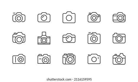 Stroke vector camera  line icons. Pixel perfect signs isolated on a white background. Minimal camera  pictograms in trendy outline style.