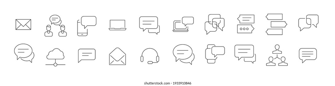 Stroke vector chat line icons. Pixel perfect signs isolated on a white background.  Chat pictograms in trendy outline style.