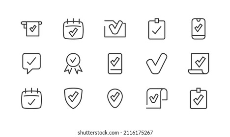 Stroke vector check  line icons. Pixel perfect signs isolated on a white background. Minimal check  pictograms in trendy outline style.