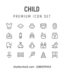 Stroke vector child line icons. Pixel perfect signs isolated on a white background. Minimal child pictograms in trendy outline style.