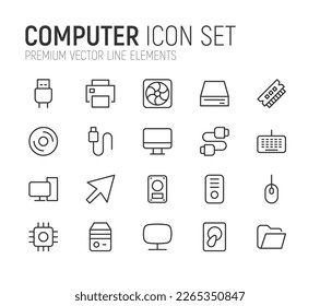 Stroke vector computer line icons. Pixel perfect signs isolated on a white background. Minimal computer pictograms in trendy outline style.