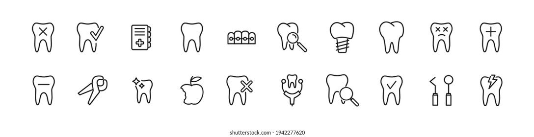 Stroke vector dental line icons. Pixel perfect signs isolated on a white background. Dental pictograms in trendy outline style.