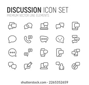 Stroke vector discussion line icons. Pixel perfect signs isolated on a white background. Minimal discussion pictograms in trendy outline style.