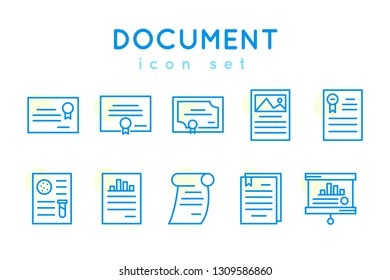 Stroke Vector Document Icon Set. certificate 3three style, document picture, document with badge, diagram, biology, presentation. vector