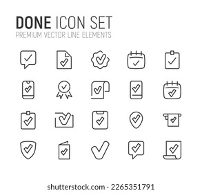 Stroke vector done line icons. Pixel perfect signs isolated on a white background. Minimal done pictograms in trendy outline style.