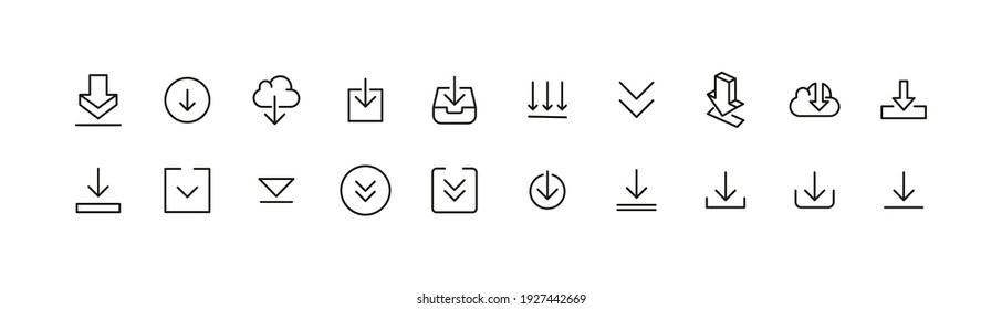 Iconos de línea de descarga de vectores de trazo. Las señales perfectas de Pixel están aisladas en un fondo blanco. Descargue los pictogramas con un estilo de contorno de moda.
