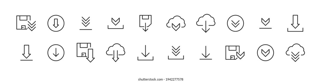 Stroke vector download line icons. Pixel perfect signs isolated on a white background. Download pictograms in trendy outline style.