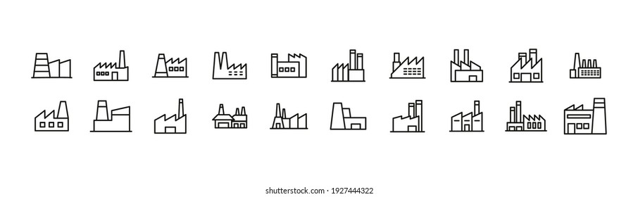 Schlagt Vektorgrafik-Fabrikmarkensymbole. Pixel perfekte Zeichen einzeln auf weißem Hintergrund.  Industriepiktogramme im trendigen Konturstil.