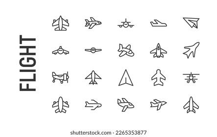 Stroke vector flight line icons. Pixel perfect signs isolated on a white background. Minimal flight pictograms in trendy outline style.