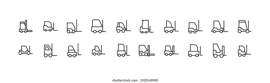 Stroke vector forklift line icons. Pixel perfect signs isolated on a white background. Forklift pictograms in trendy outline style.