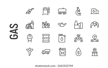Iconos de la línea de gas vectorial de tracción. Las señales perfectas de Pixel están aisladas en un fondo blanco. Pictogramas de gas mínimo en el estilo de diseño del contorno.