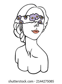 Stroke vector girl portrait with flower blindfold logo for beauty salon. Lines illustration of a woman print for clothes, t-shirts.