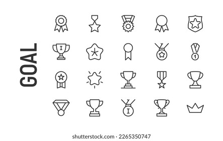 Stroke vector goal line icons. Pixel perfect signs isolated on a white background. Minimal goal pictograms in trendy outline style.